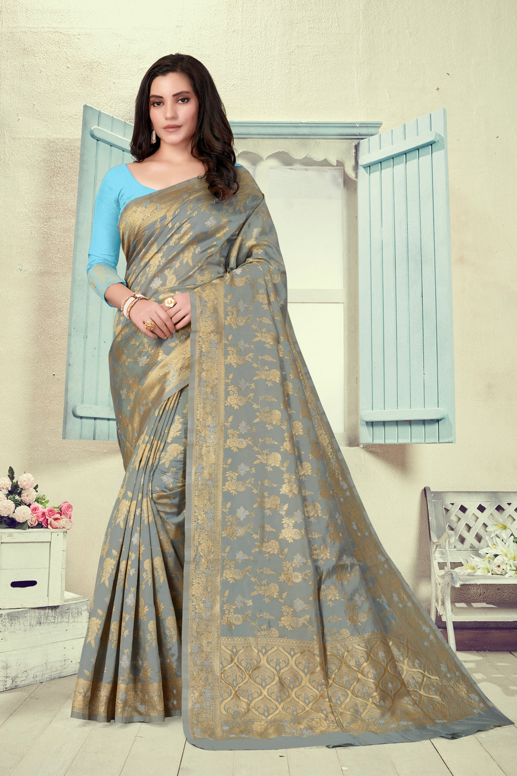 Vedant Vastram Litchi Silk Designer Banarasi Saree - Grey