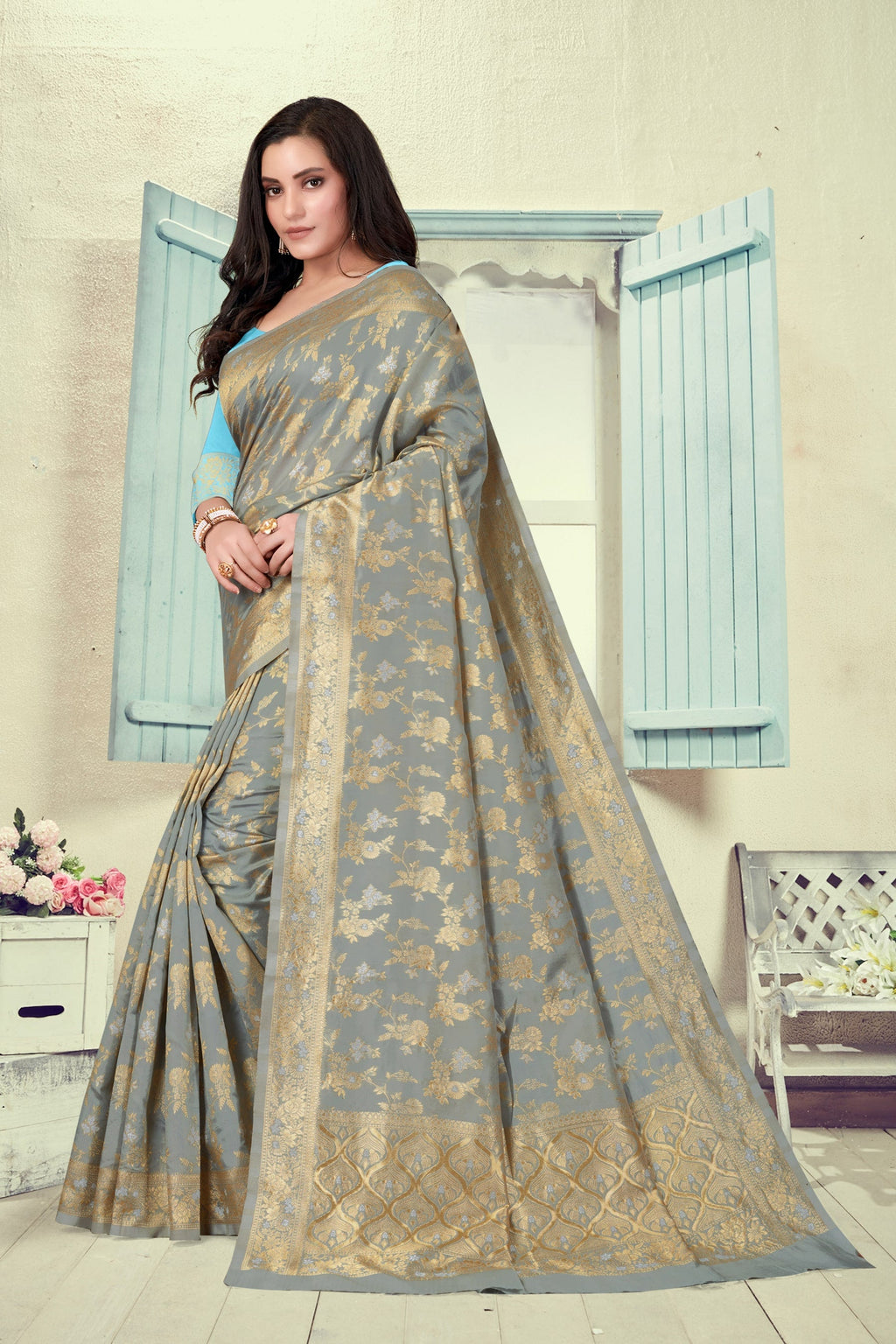 Vedant Vastram Litchi Silk Designer Banarasi Saree - Grey