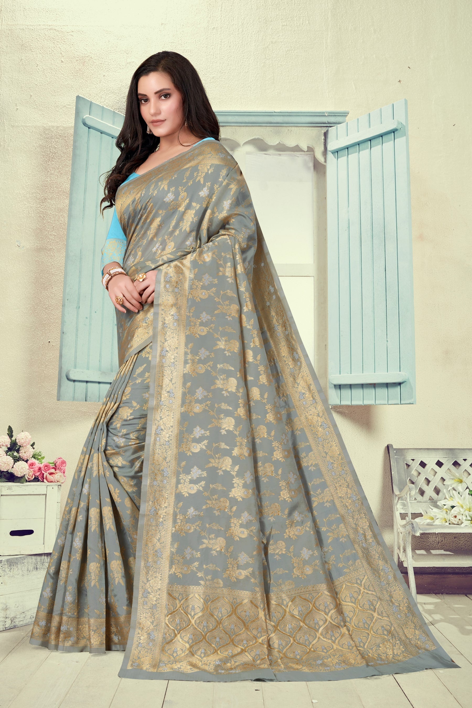 Vedant Vastram Litchi Silk Designer Banarasi Saree - Grey