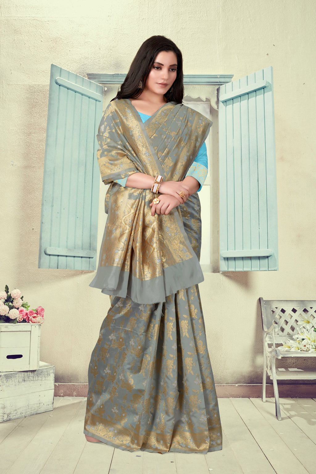 Vedant Vastram Litchi Silk Designer Banarasi Saree - Grey