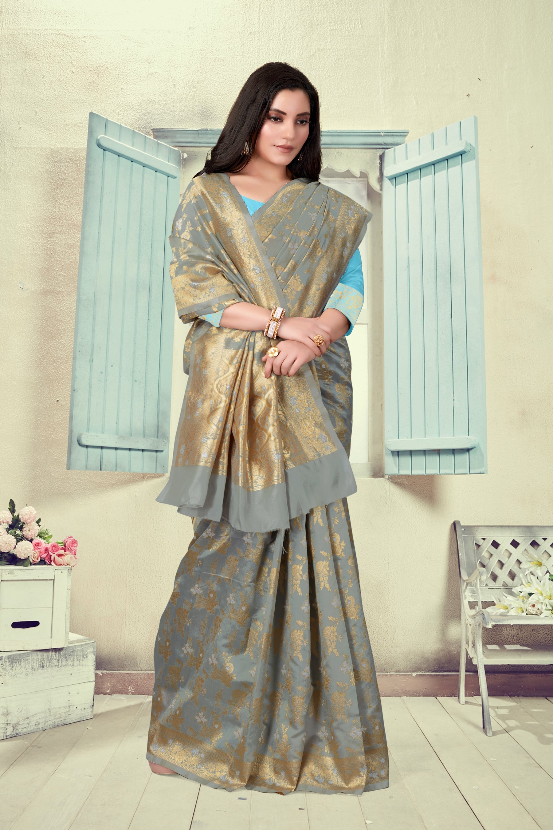 Vedant Vastram Litchi Silk Designer Banarasi Saree - Grey