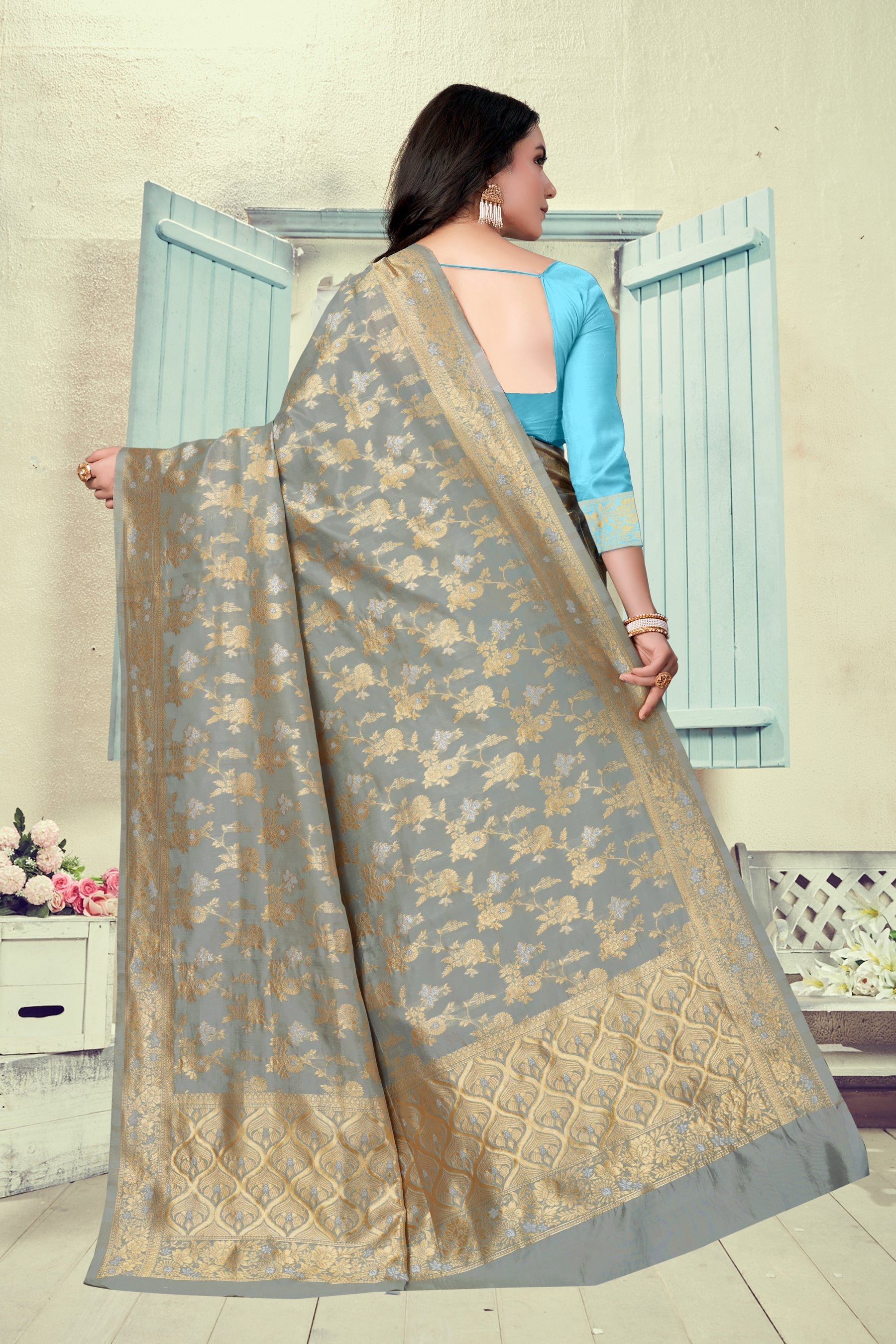 Vedant Vastram Litchi Silk Designer Banarasi Saree - Grey