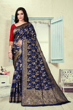 Vedant Vastram Litchi Silk Designer Banarasi Saree - Navy Blue