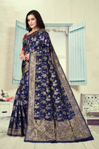 Vedant Vastram Litchi Silk Designer Banarasi Saree - Navy Blue