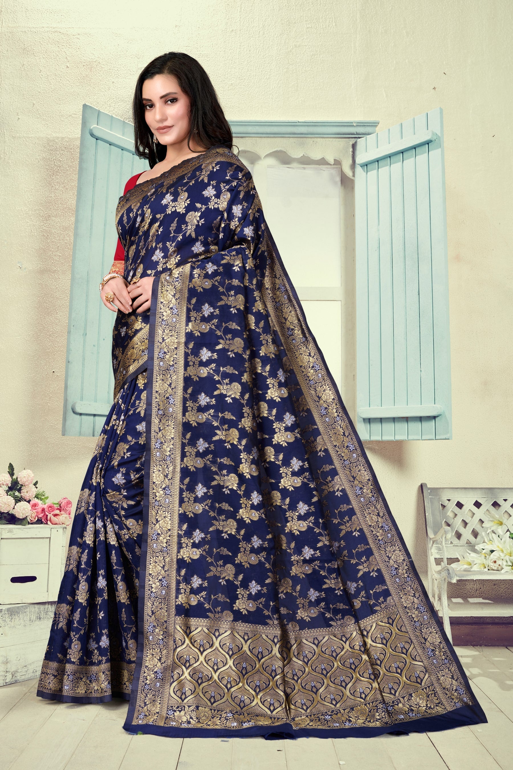 Vedant Vastram Litchi Silk Designer Banarasi Saree - Navy Blue