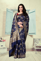 Vedant Vastram Litchi Silk Designer Banarasi Saree - Navy Blue