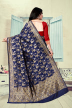 Vedant Vastram Litchi Silk Designer Banarasi Saree - Navy Blue