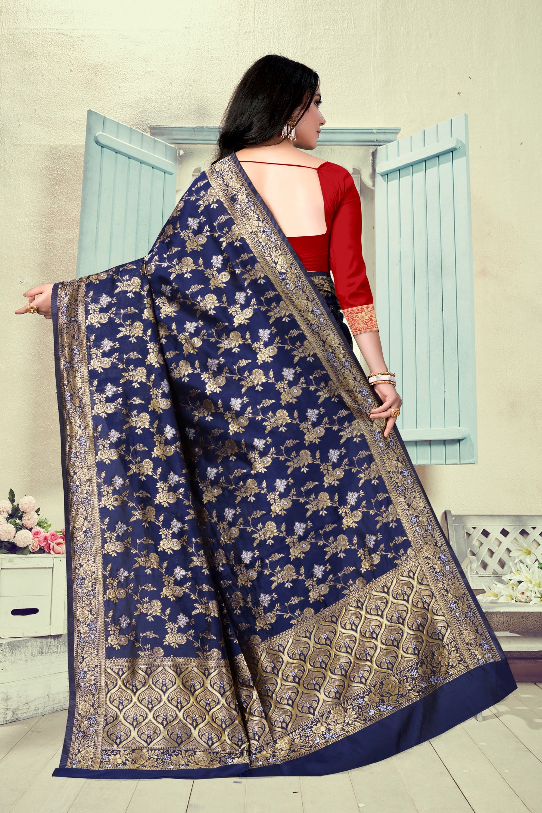 Vedant Vastram Litchi Silk Designer Banarasi Saree - Navy Blue