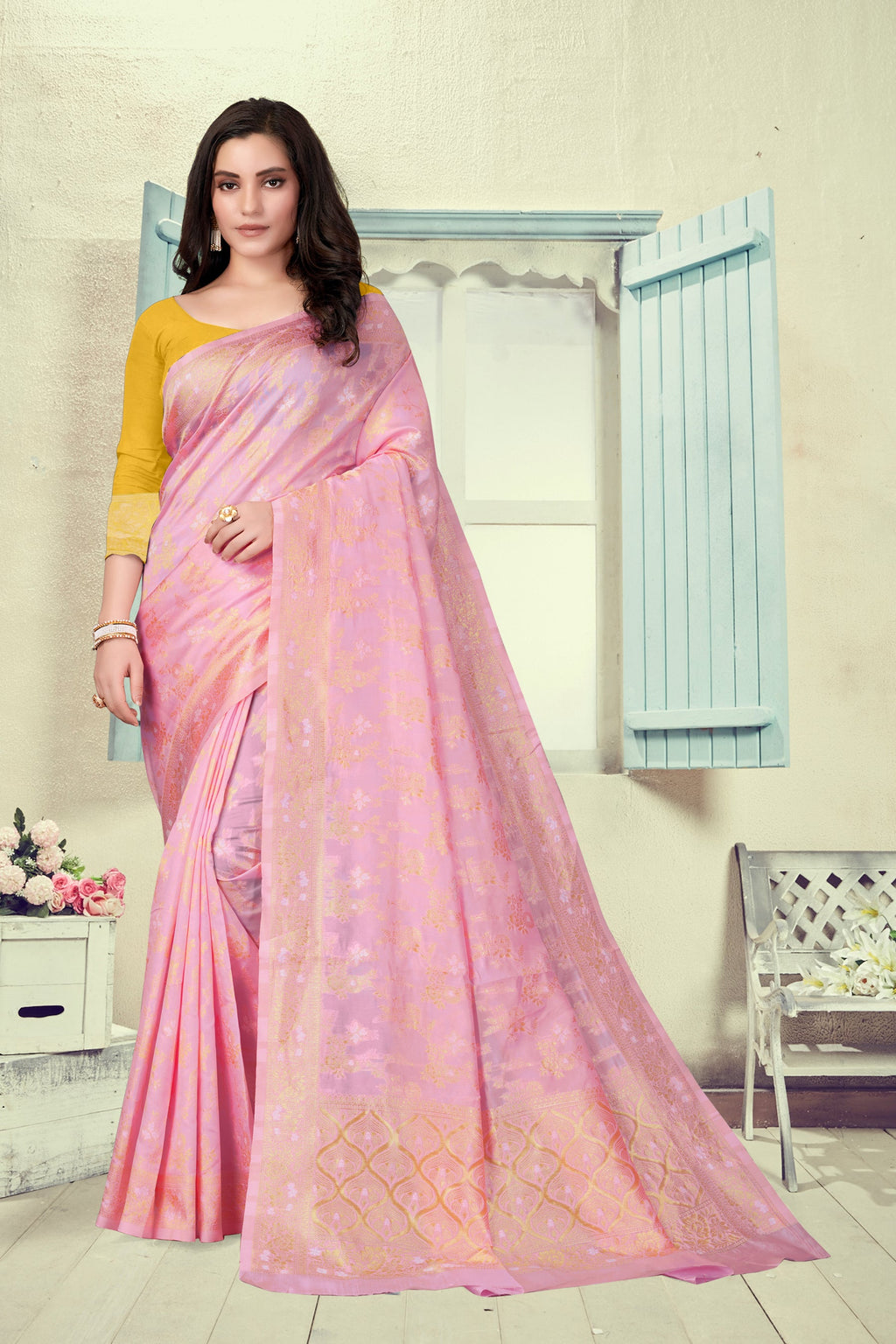 Vedant Vastram Litchi Silk Designer Banarasi Saree - Pink