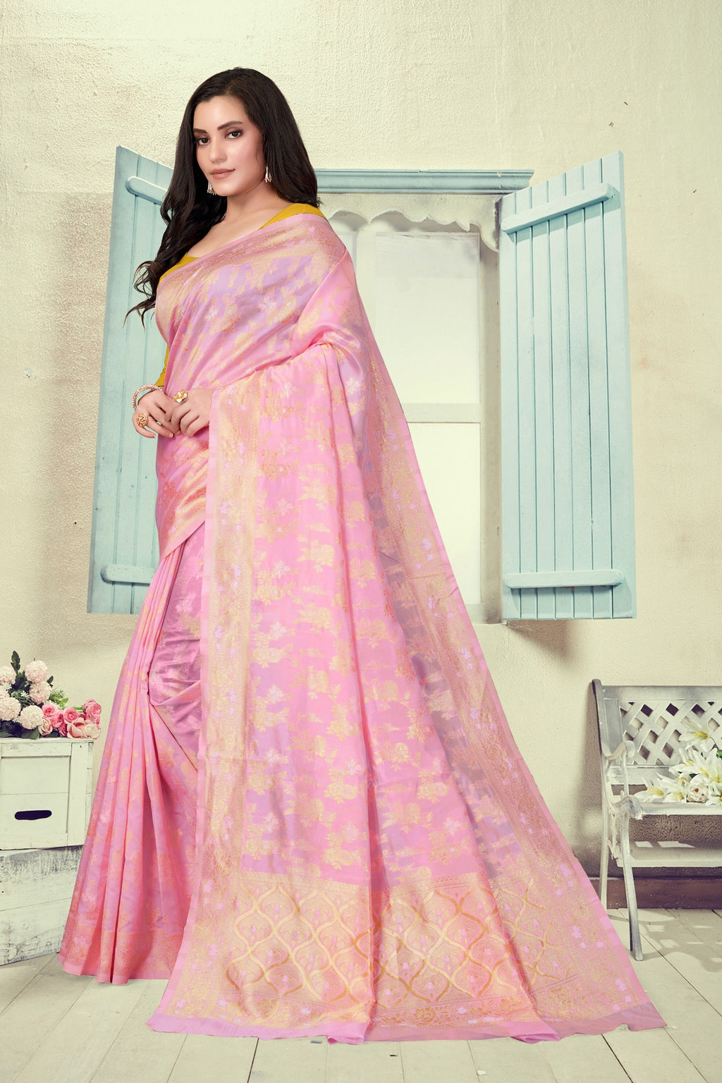 Vedant Vastram Litchi Silk Designer Banarasi Saree - Pink