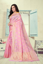 Vedant Vastram Litchi Silk Designer Banarasi Saree - Pink