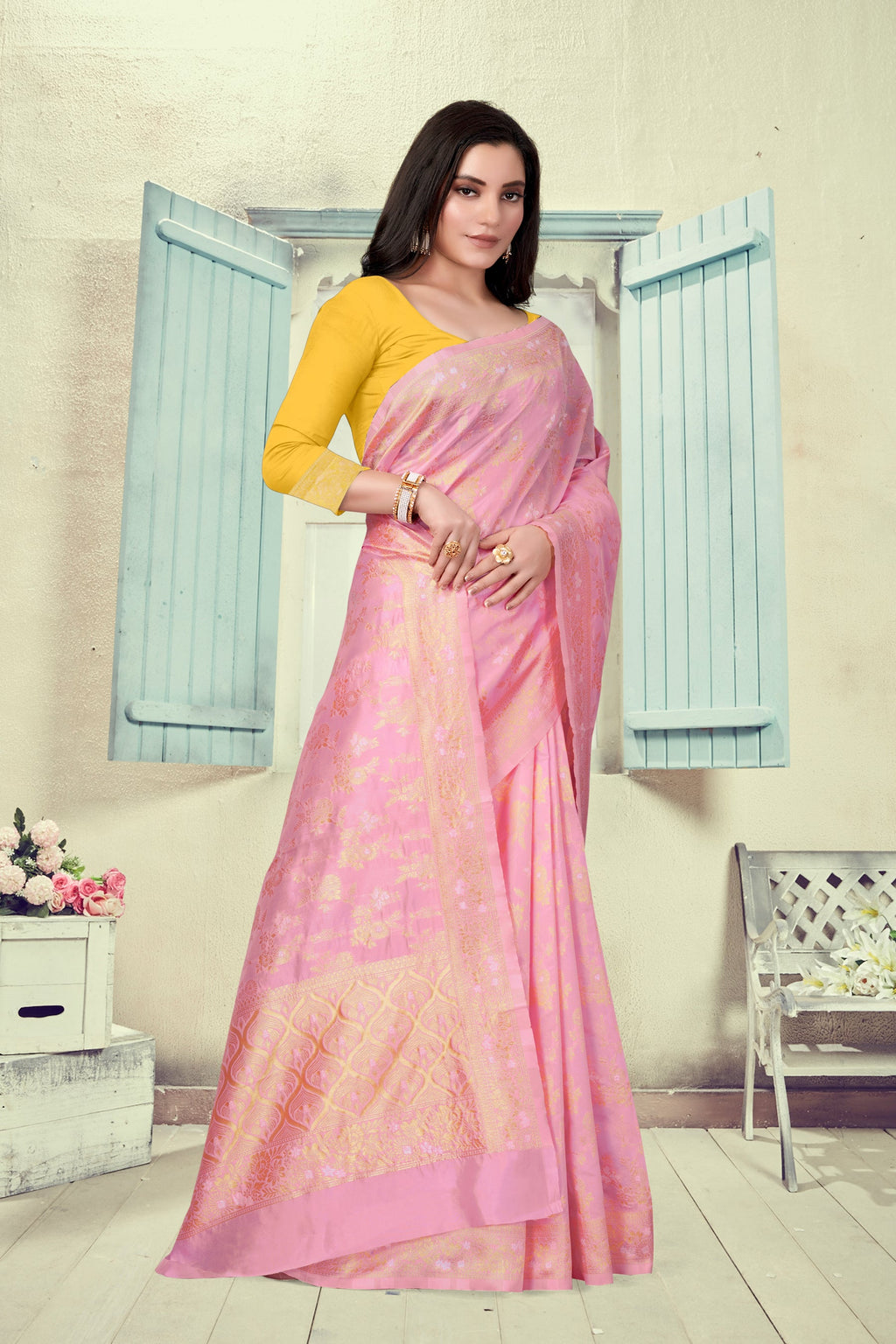 Vedant Vastram Litchi Silk Designer Banarasi Saree - Pink