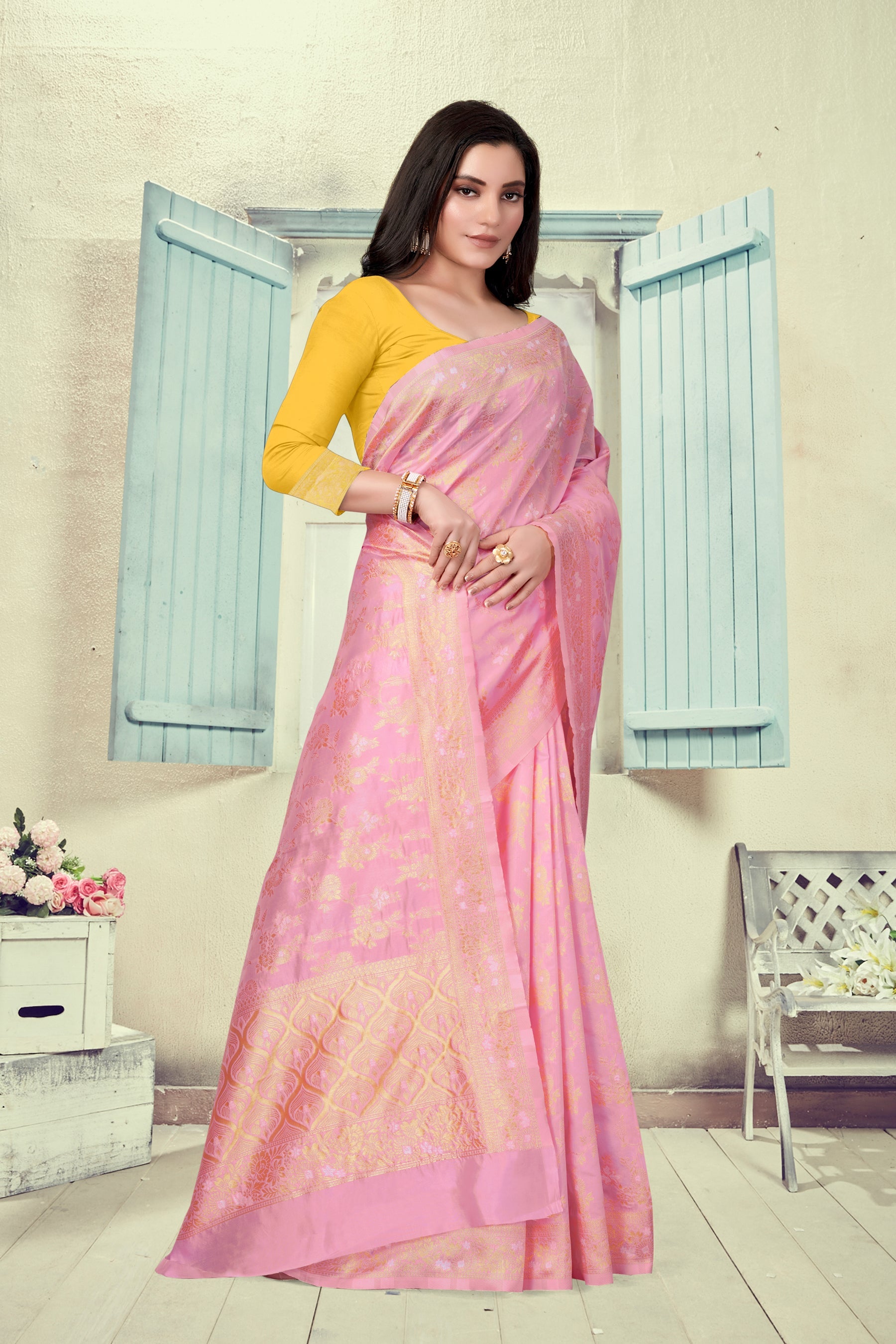 Vedant Vastram Litchi Silk Designer Banarasi Saree - Pink