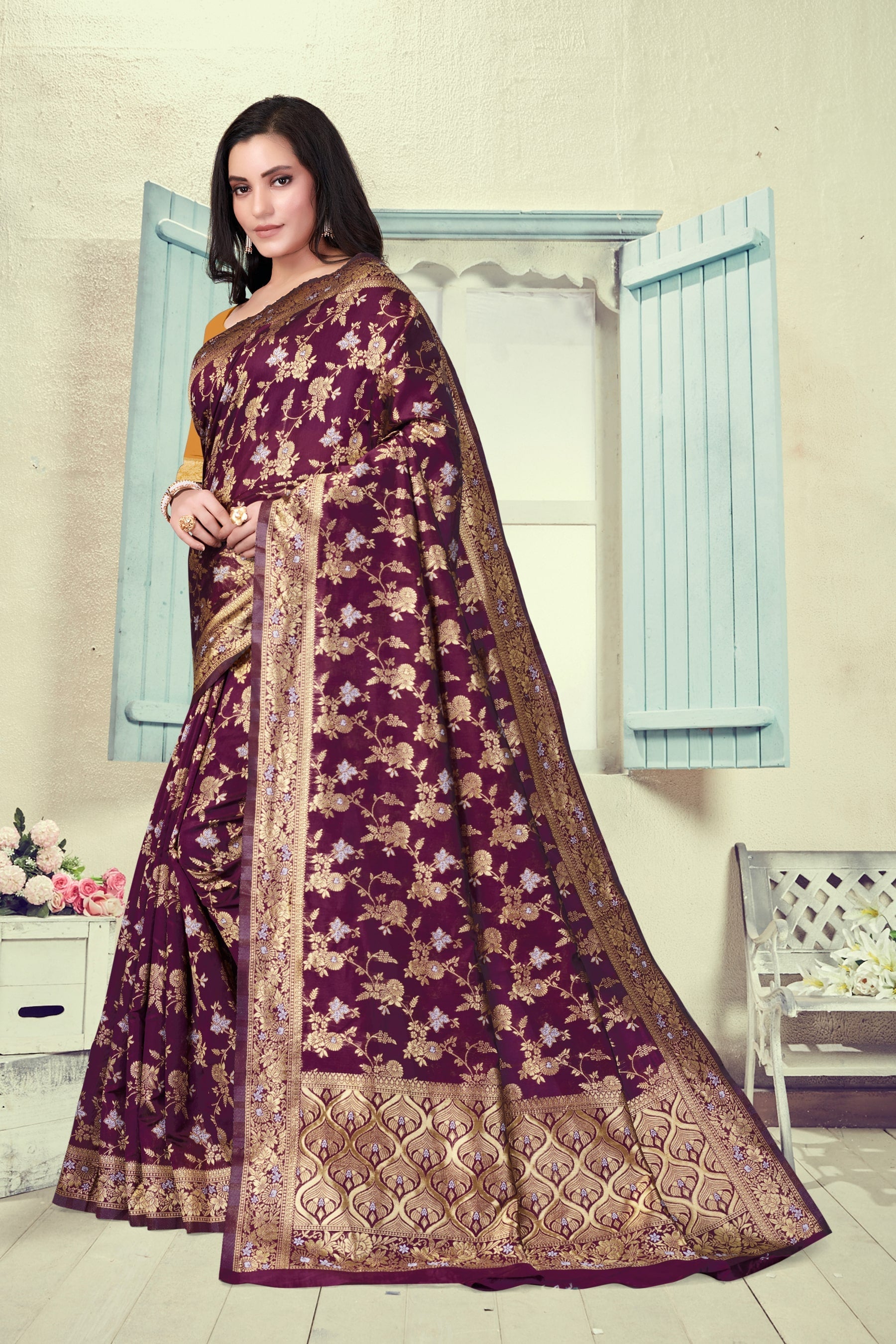 Vedant Vastram Litchi Silk Designer Banarasi Saree - Wine
