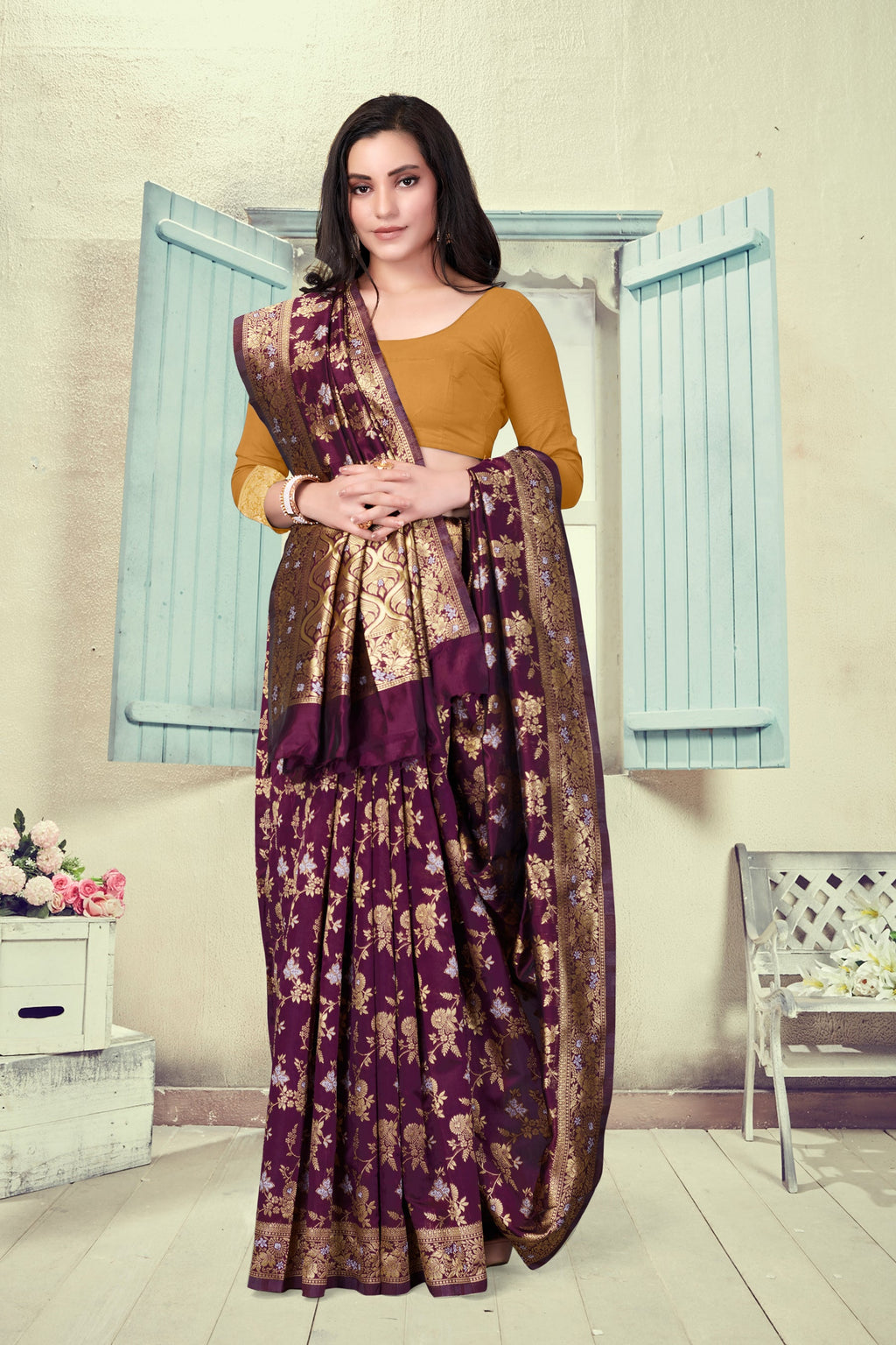 Vedant Vastram Litchi Silk Designer Banarasi Saree - Wine