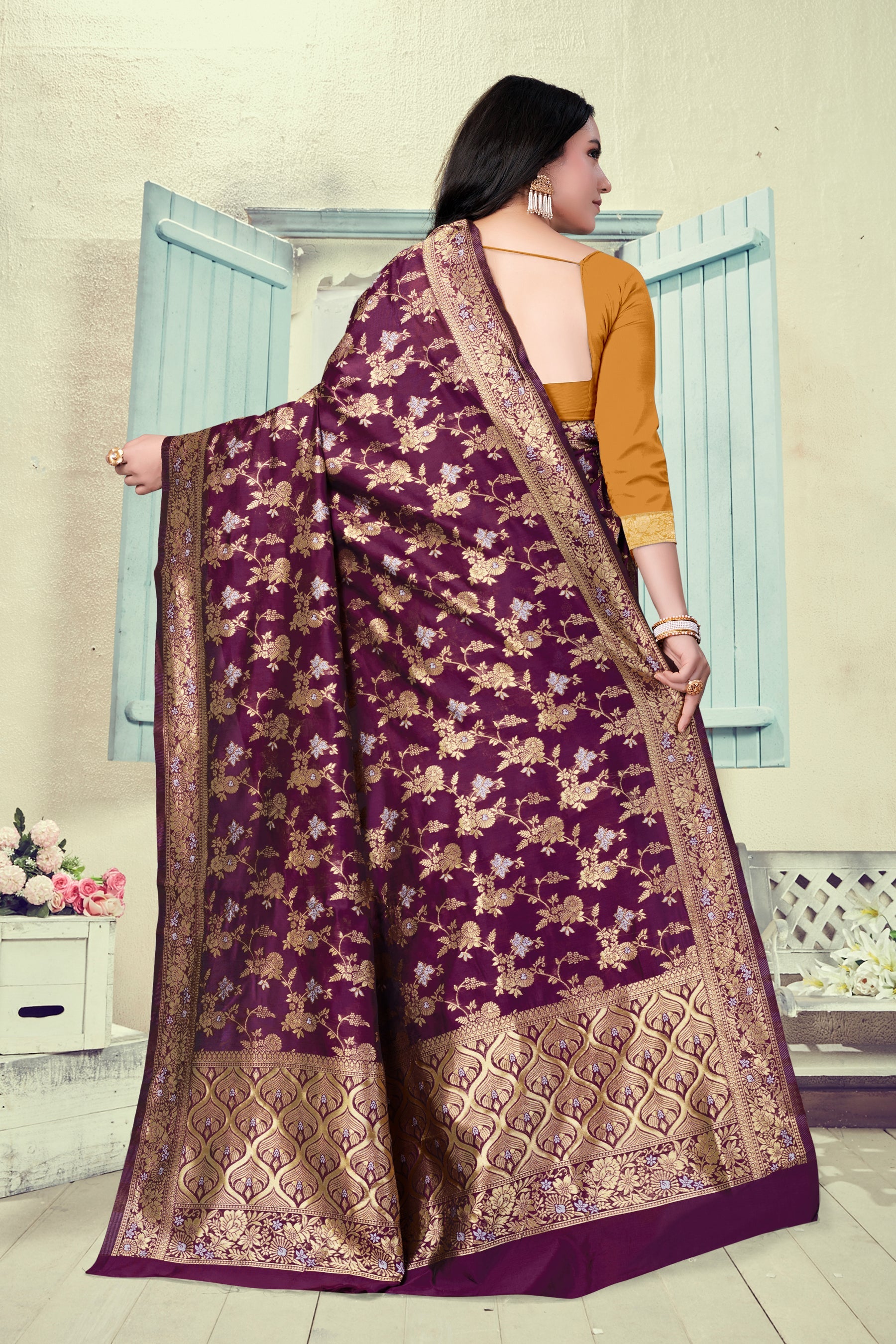 Vedant Vastram Litchi Silk Designer Banarasi Saree - Wine