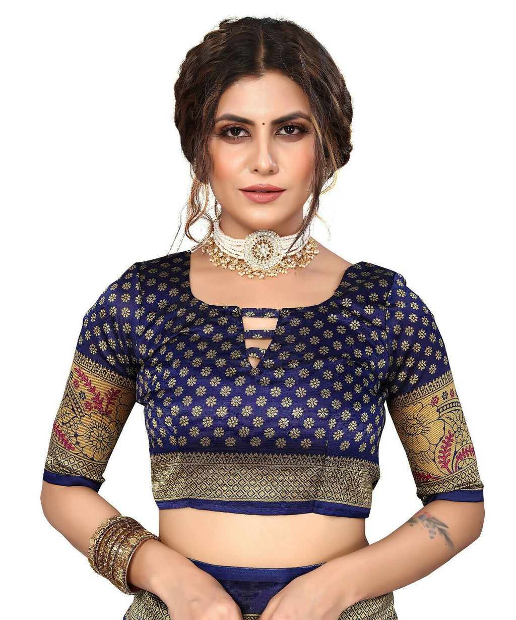 Vamika white & navy Printed Art Silk Saree