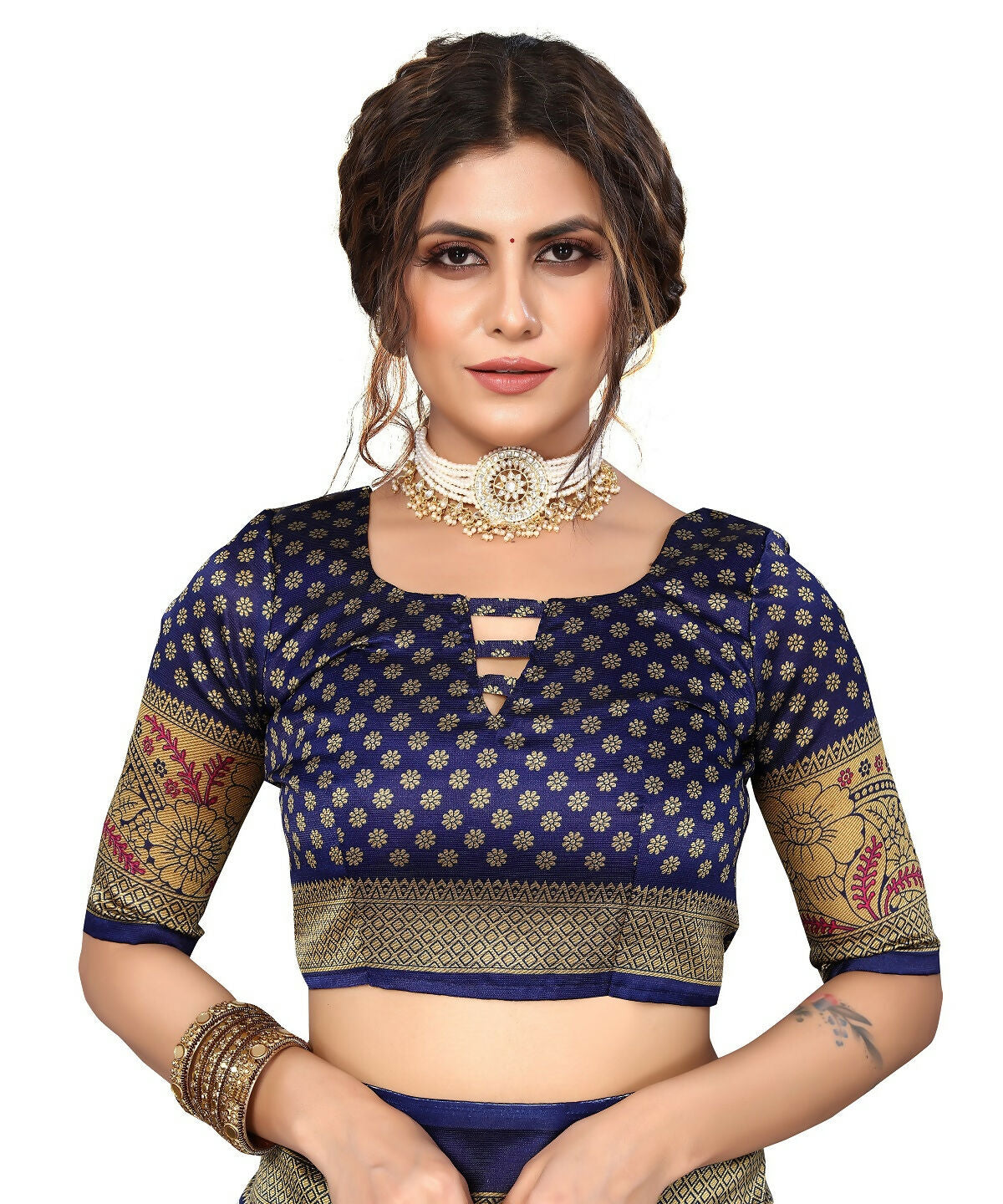 Vamika white & navy Printed Art Silk Saree