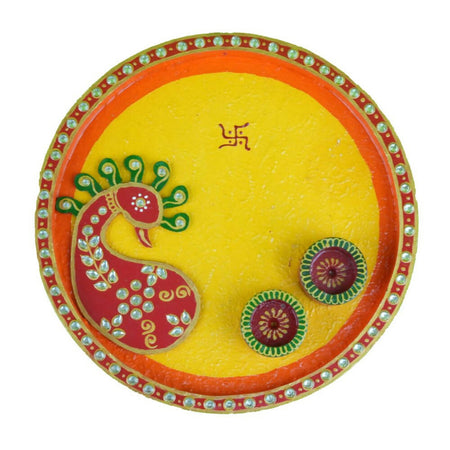 Kundan HandiKrafts Mdf Peacock Pooja Thali (Round)