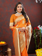 Lorenvalley Fashion Orange Soft Silk Woven Design Gold Zari Weaving Saree