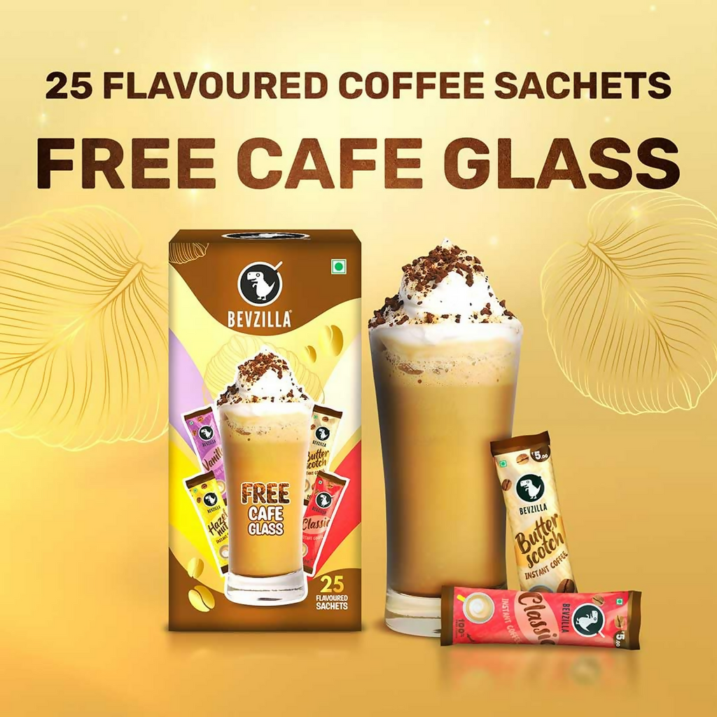 Bevzilla Premium Glass & 25 Flavoured Coffee Sachets - Distacart