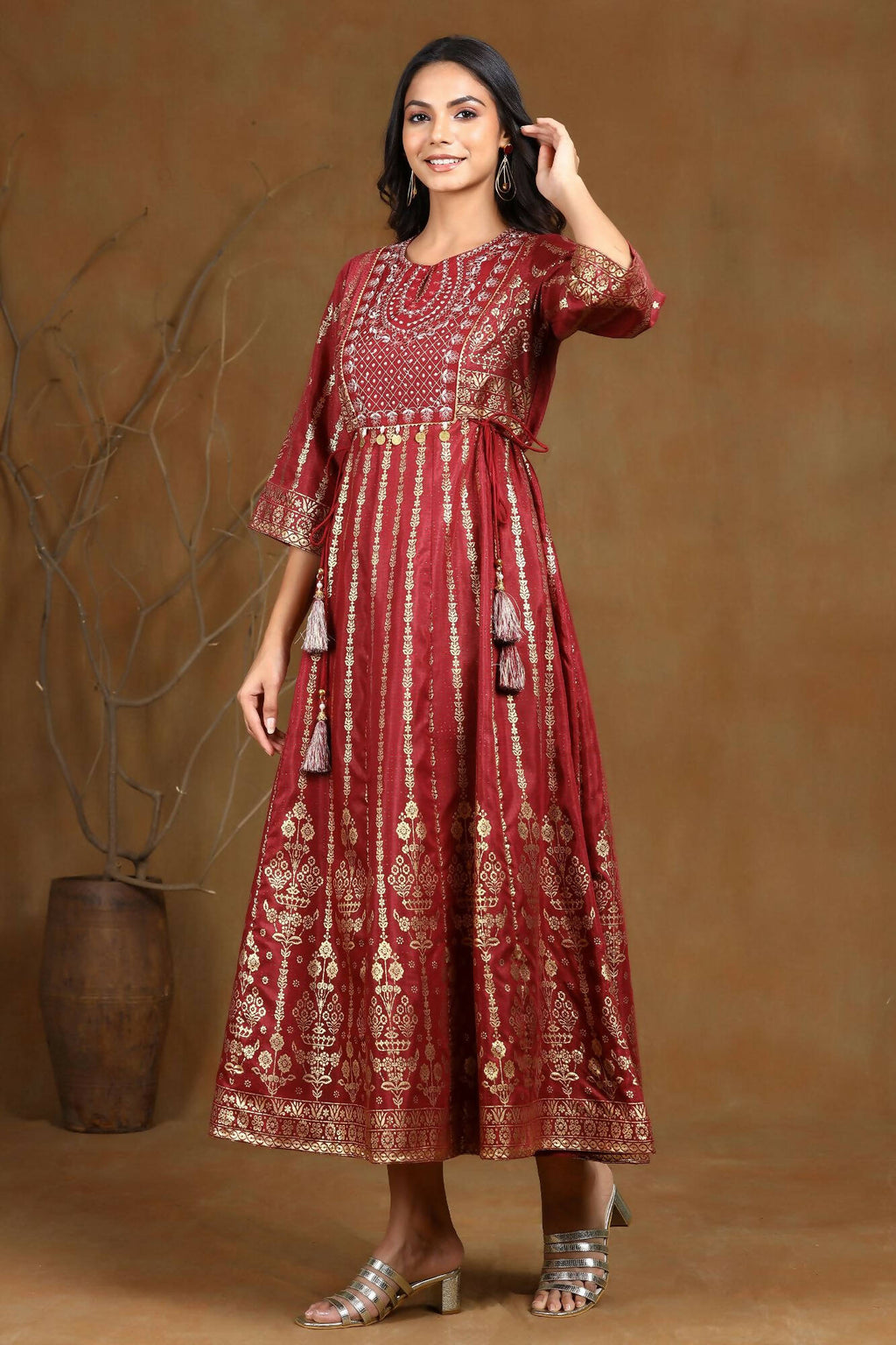 Juniper Women Maroon Shantoon Printed Anarkali Dress - Distacart