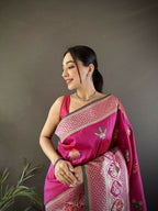 Joban Fashion Pink Elephant & Floral Motifs Soft Lichi Silk Banarasi Saree - Distacart