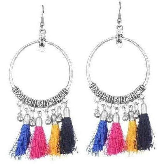 Oxidized Silver Ring Earrings With Multi Color Silk Threads