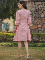 Juniper Women's Pink Cotton Dobby Embroidered Flared Dress - Distacart