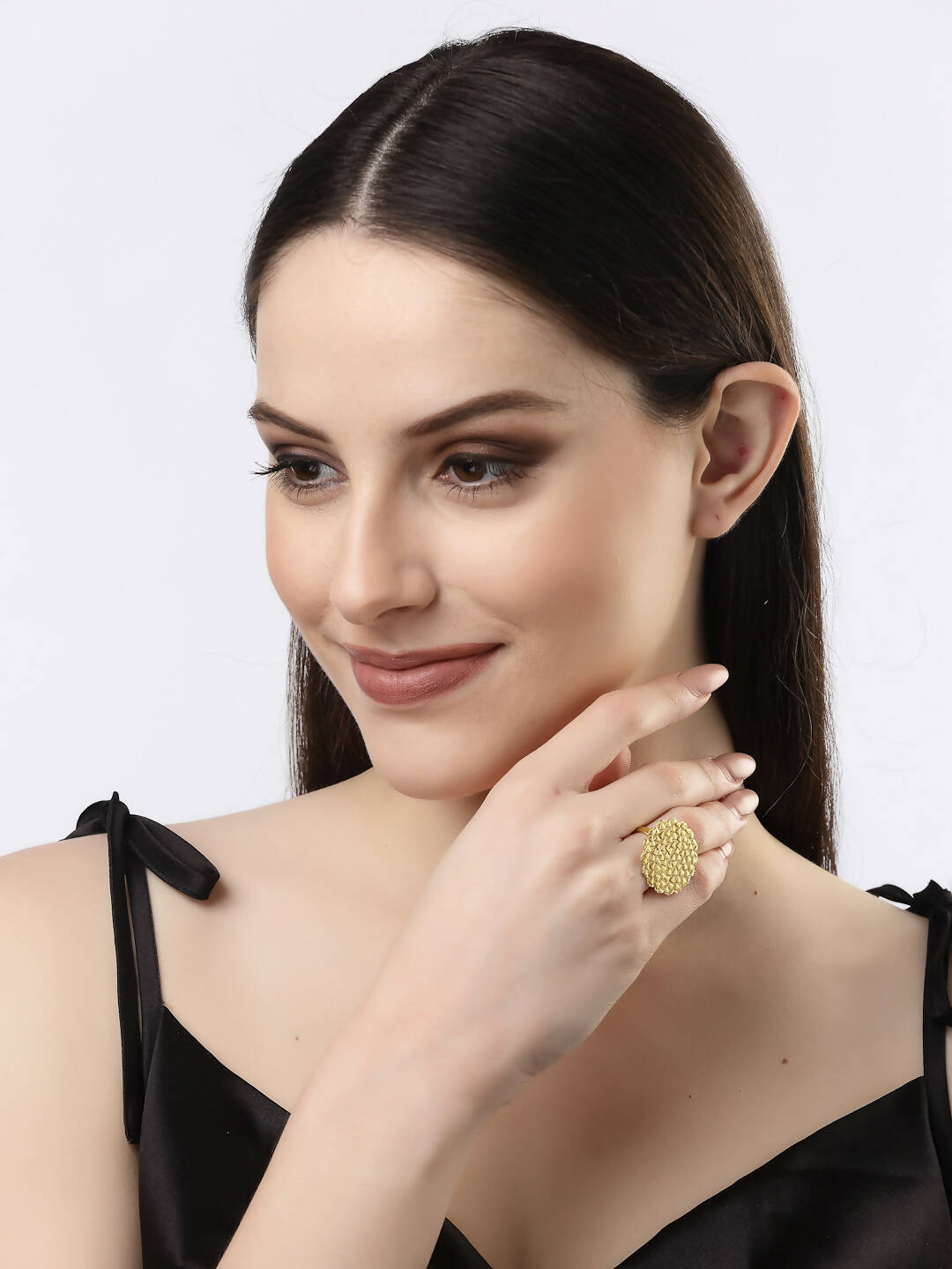 NVR Women Gold-Polished Circular Adjustable Finger Ring