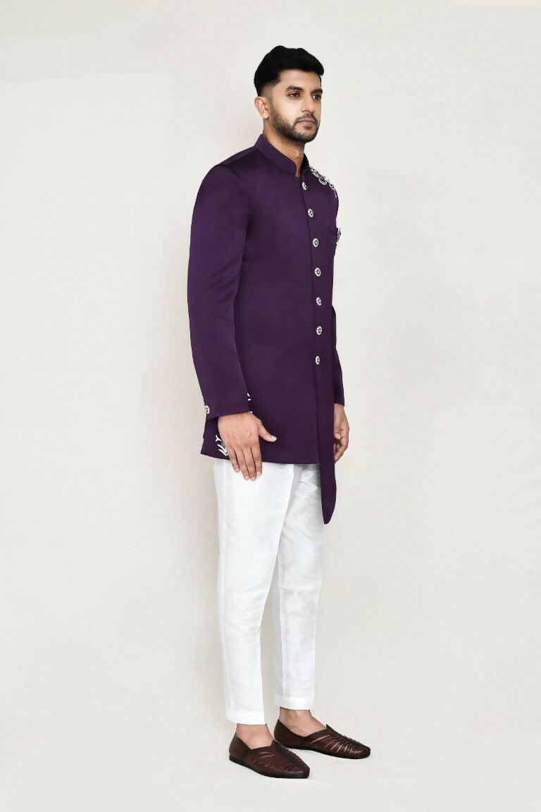 Joban Fashion Purple Colored Polyester Fabric Indo Western With Straight Fir Pant