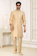 Raivat Ethnic Banarasi Jacquard Embroidery Semi Indo Western Sherwani In Beige Colour