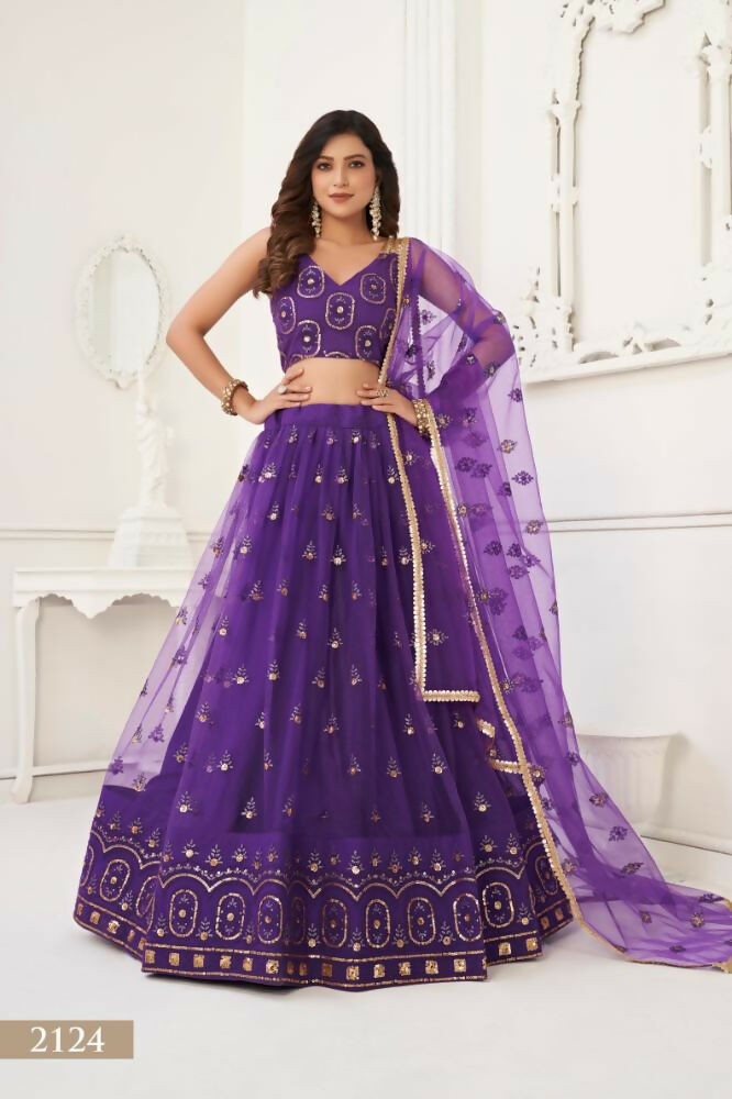 Aastha Fashion Purple Butterfly Net Tone To Tone Thread Work And Sandwich Sequence Work Embroidery Wedding Wear Lehenga Choli