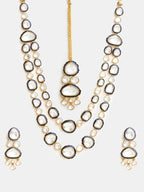 Ruby Raang 22k Gold Polished Blue Meenakari Kundan Layered Necklace With Earrings & Maang Tikka