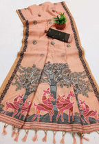 Vastranavya Peach Muga Cotton Meenakari & Azarakh Pallu Saree with Contrast Blouse - Distacart
