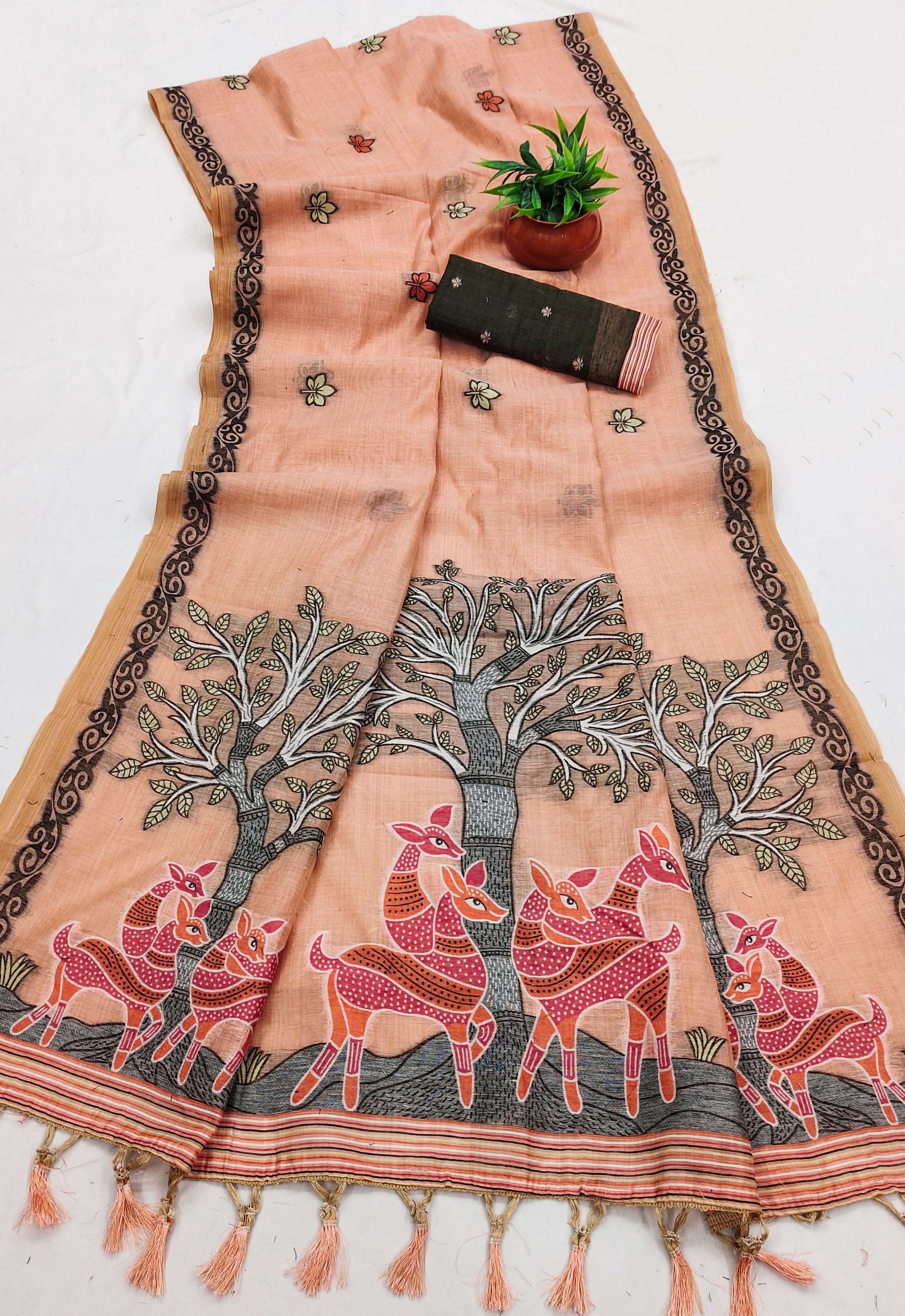 Vastranavya Peach Muga Cotton Meenakari & Azarakh Pallu Saree with Contrast Blouse - Distacart