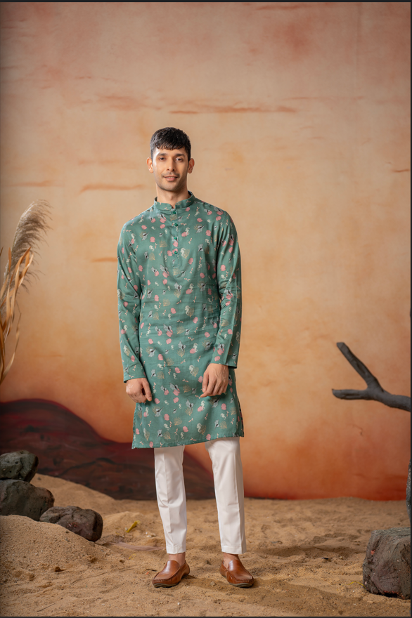 Green Floral Printed Kurta by Hilo Design