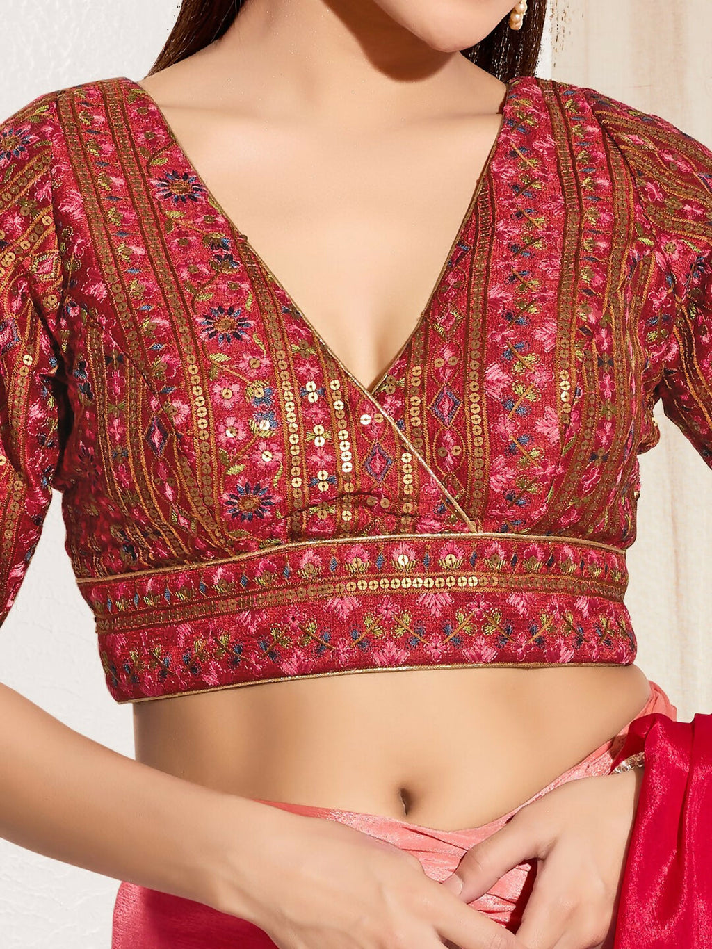 Joban Fashion Maroon Mulberry Silk Padded Blouse With V Neck Elbow Sleeves - Distacart