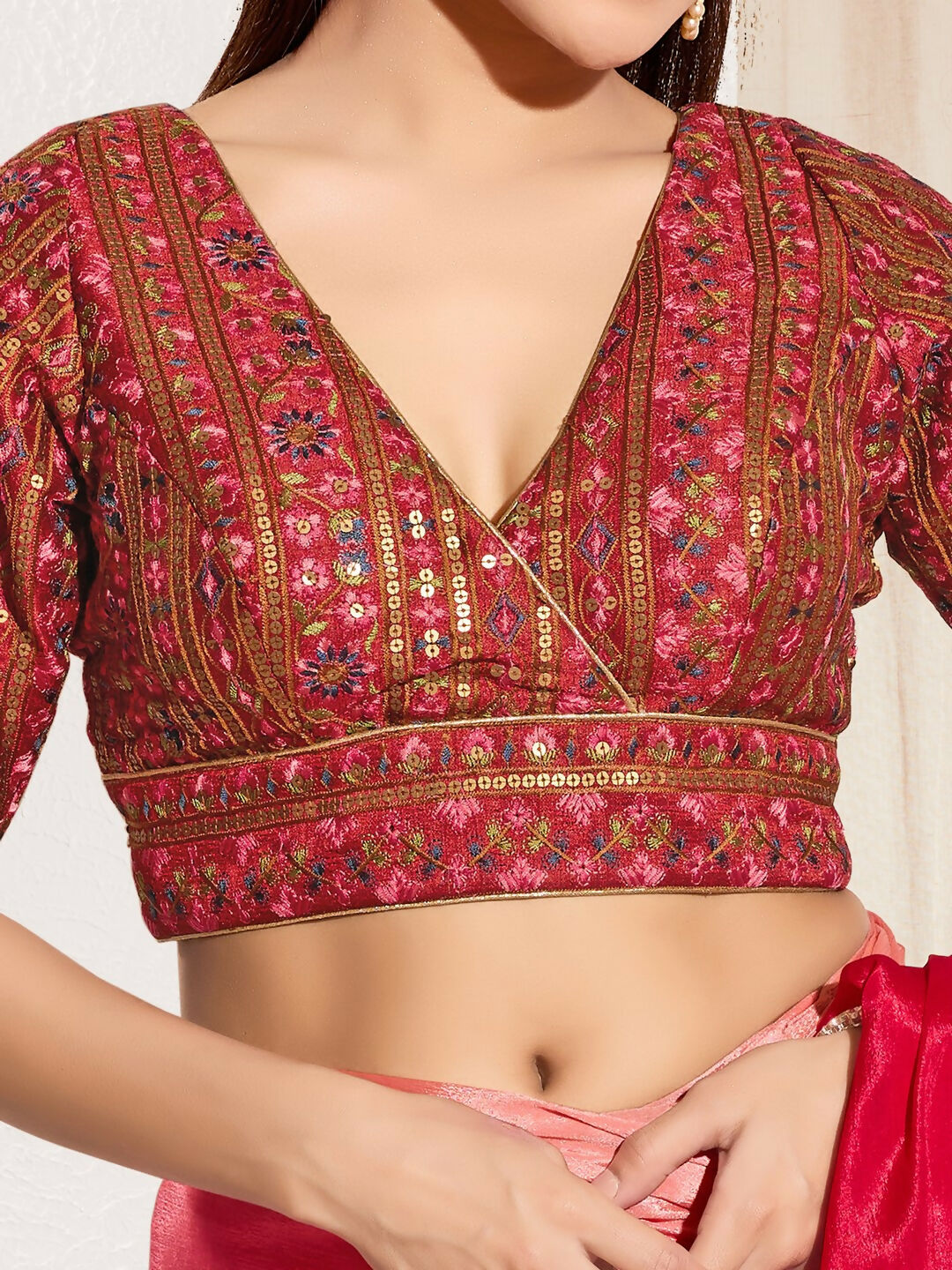 Joban Fashion Maroon Mulberry Silk Padded Blouse With V Neck Elbow Sleeves - Distacart