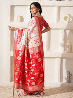 Shree Shyam Fashion Linen Cotton Red & White Saree - Distacart