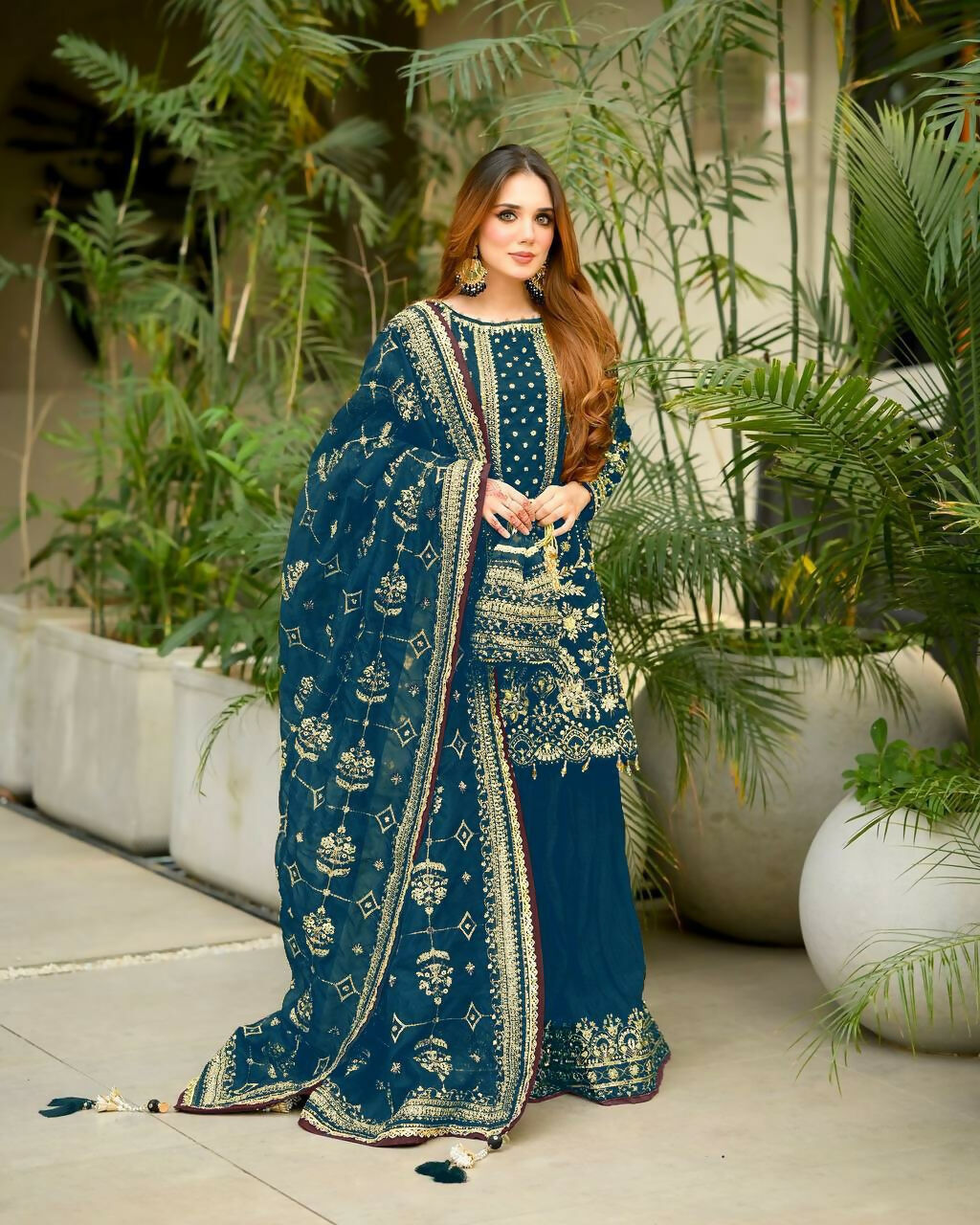 Teeya Creation Teal Faux georgette Designer heavy work Wedding Wear Palazzo pair - Distacart