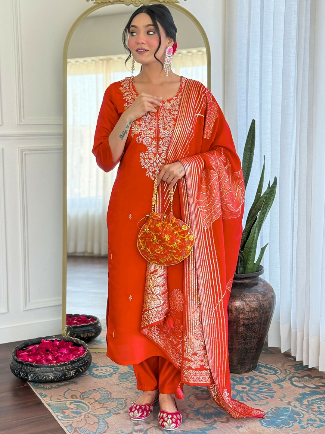 The52 Rust Women's Gorgeous Roman Silk Fabric Straight Kurta, Pant and Dupatta Set - Distacart