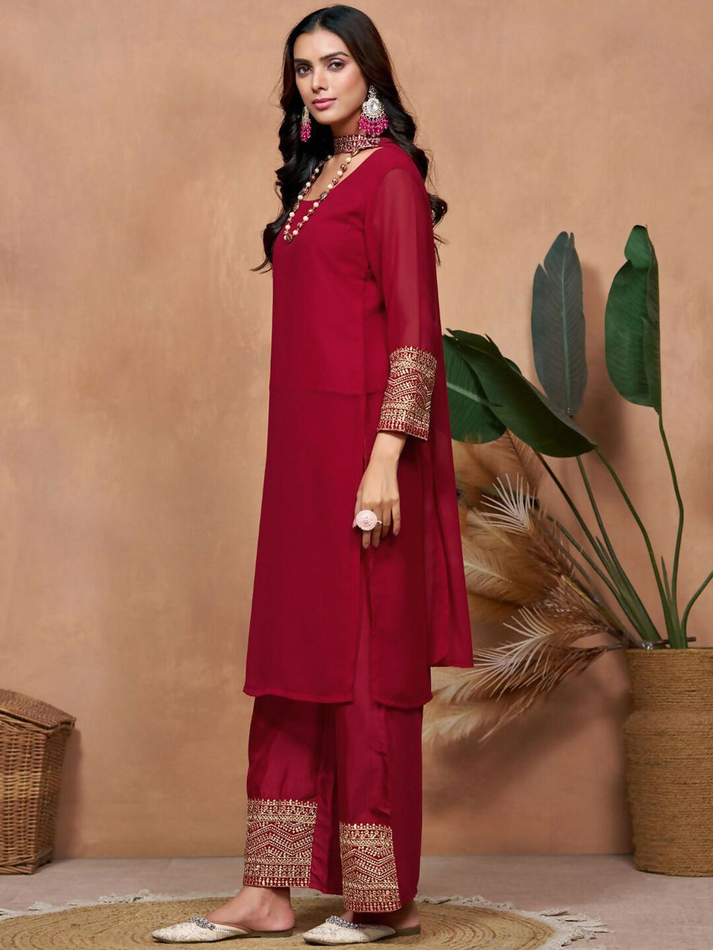 The52 Women's Beautiful Georgette Fabric Embroidery Work Straight Kurta Palazzo and Dupatta Set - Distacart