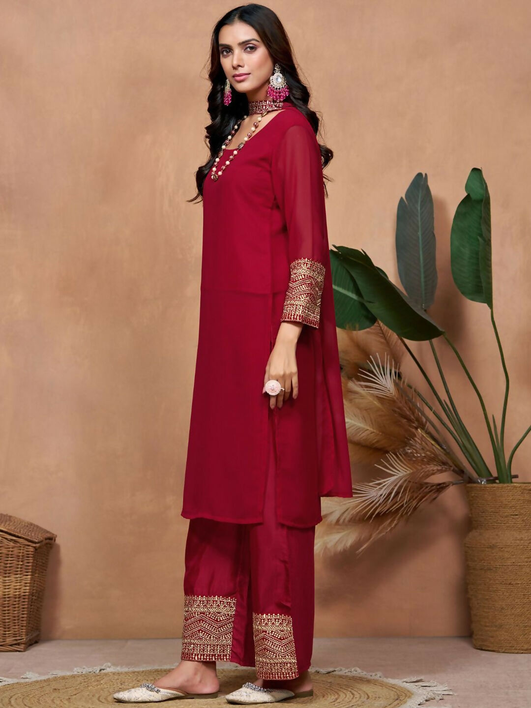 The52 Women's Beautiful Georgette Fabric Embroidery Work Straight Kurta Palazzo and Dupatta Set - Distacart