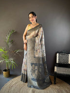 Joban Fashion Grey Floral Motifs Banarasi Silk Sarees