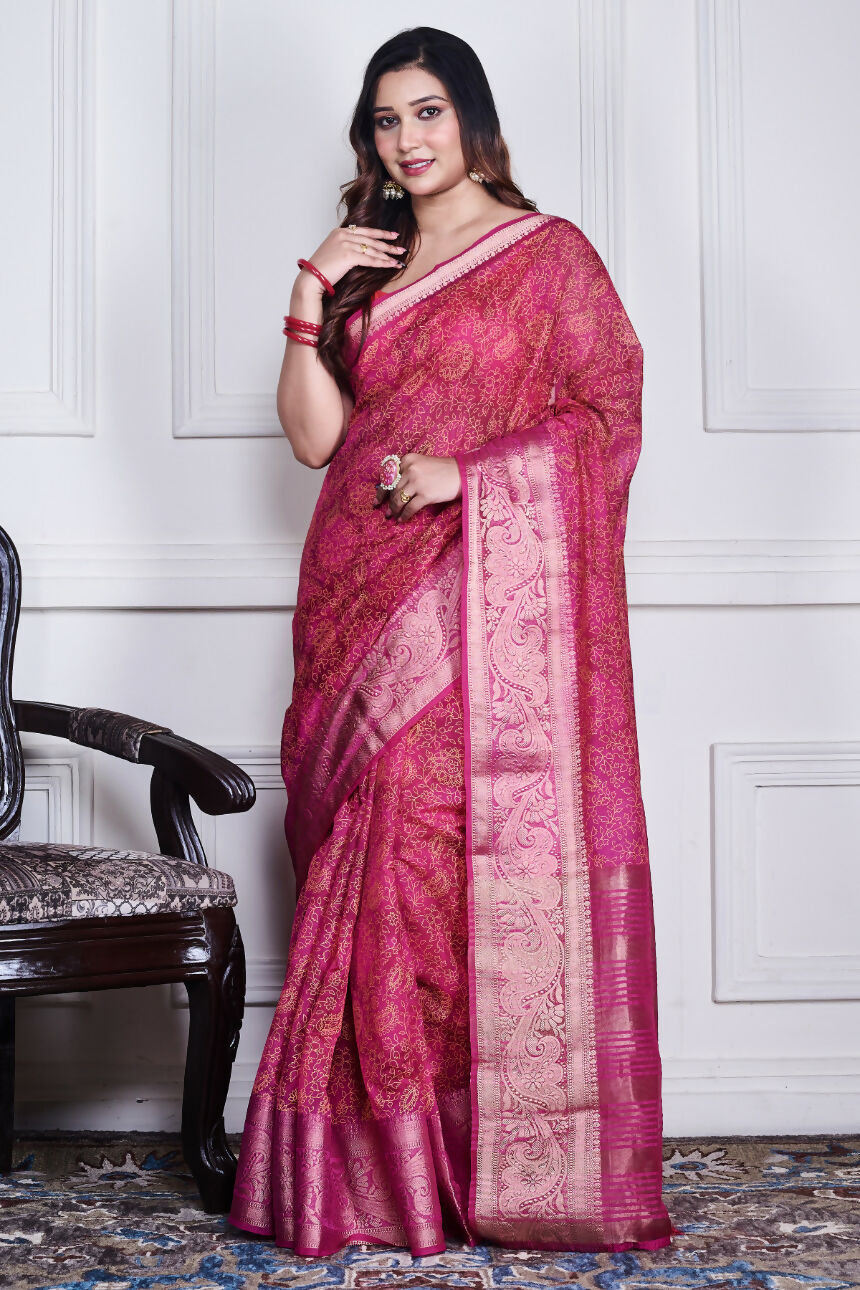 Morchari Pink Script Printed Orzanga Saree Unstitched Blouse - Distacart