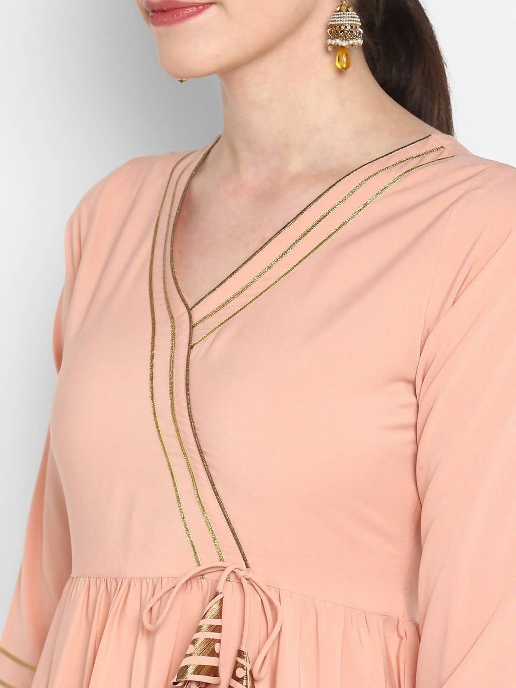 Janasya Peach-Coloured & Maroon Printed Angrakha Gotta Patti Kurta with Dhoti Pants - Distacart
