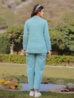 Yufta Sea Green Printed Cotton Checks Co Ord Set With Embroidery
