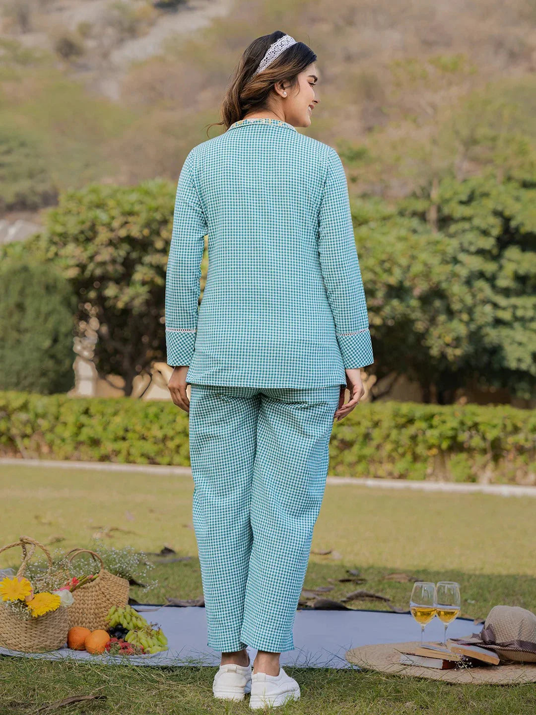 Yufta Sea Green Printed Cotton Checks Co Ord Set With Embroidery