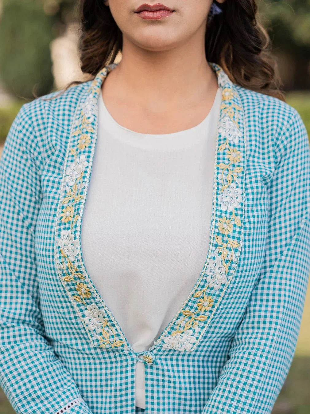 Yufta Sea Green Printed Cotton Checks Co Ord Set With Embroidery